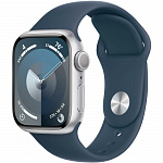 Apple Watch Series 9 GPS + Cellular 45mm Silver Aluminium Case with Storm Blue Sport Band - S/M MRP83ZA/A